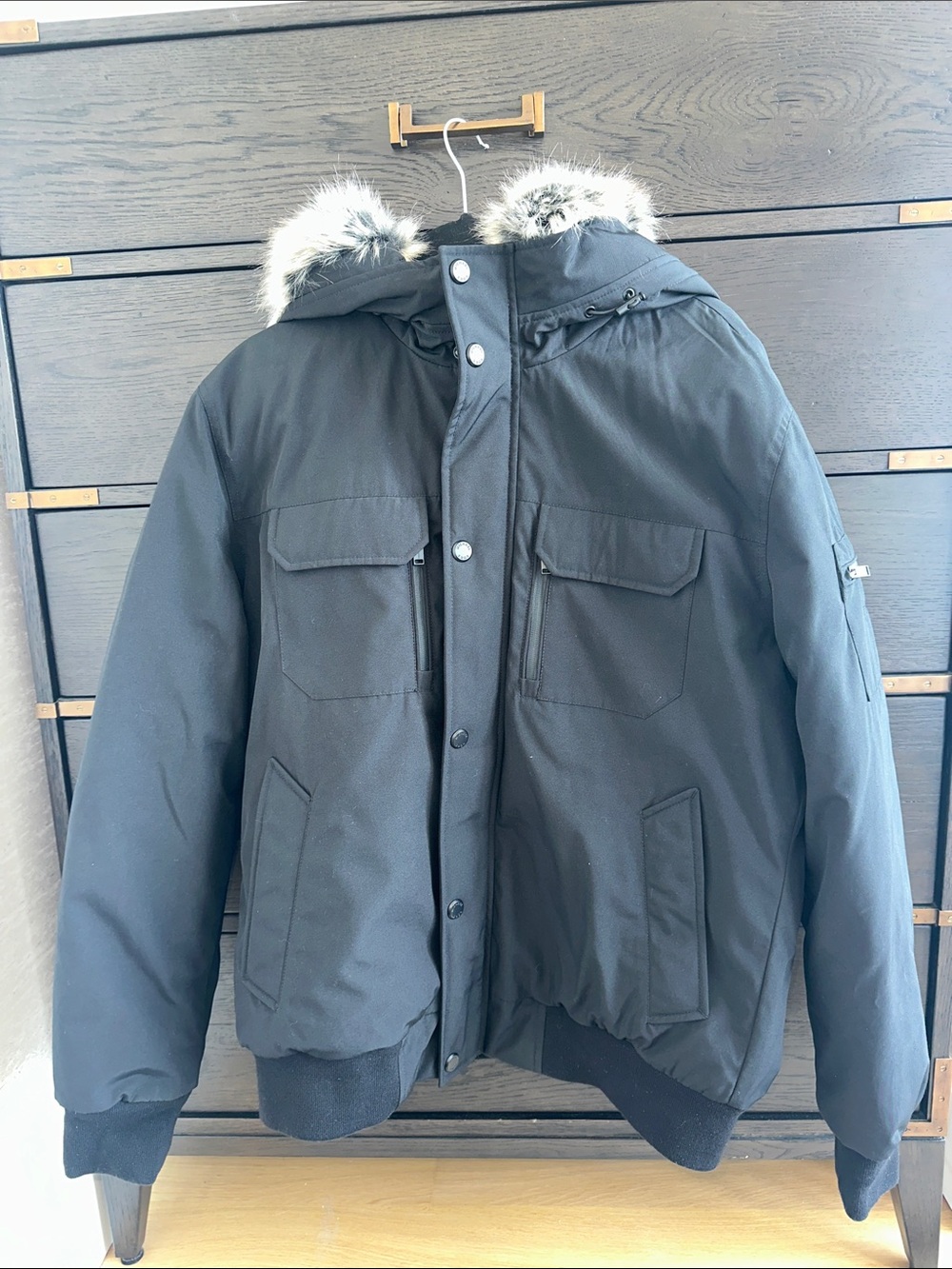 Michael Kors Black Hooded Puffer Jacket with Faux Fur Trim